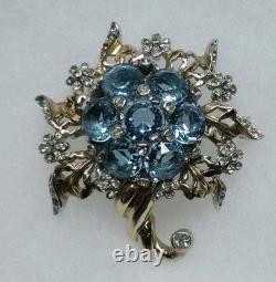 Vintage Reja Blue Clear Rhinestone Flower Cornucopia Brooch