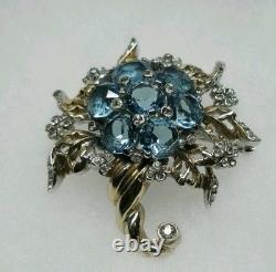 Vintage Reja Blue Clear Rhinestone Flower Cornucopia Brooch