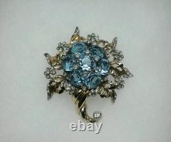 Vintage Reja Blue Clear Rhinestone Flower Cornucopia Brooch