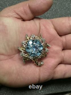 Vintage Reja Blue Clear Rhinestone Flower Cornucopia Brooch