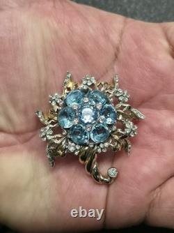Vintage Reja Blue Clear Rhinestone Flower Cornucopia Brooch