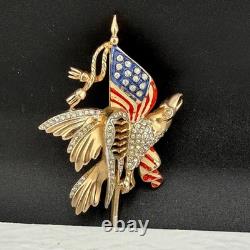 Vintage Reja Brooch Patriotic WWII American Flag Gold Tone Eagle Rhinestone