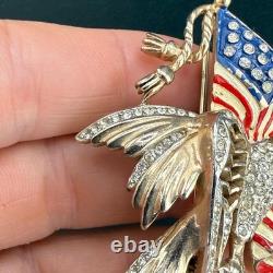 Vintage Reja Brooch Patriotic WWII American Flag Gold Tone Eagle Rhinestone