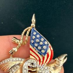 Vintage Reja Brooch Patriotic WWII American Flag Gold Tone Eagle Rhinestone