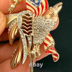 Vintage Reja Brooch Patriotic WWII American Flag Gold Tone Eagle Rhinestone