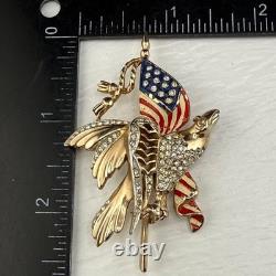 Vintage Reja Brooch Patriotic WWII American Flag Gold Tone Eagle Rhinestone