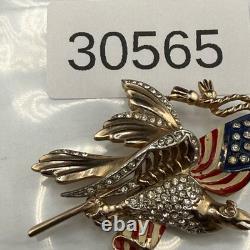 Vintage Reja Brooch Patriotic WWII American Flag Gold Tone Eagle Rhinestone