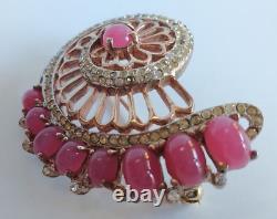 Vintage Reja Sterling Rhinestone Pink Glass Cabochon Brooch Pin And Earrings Set