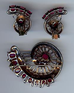 Vintage Reja Sterling Rhinestone Pink Glass Cabochon Brooch Pin And Earrings Set