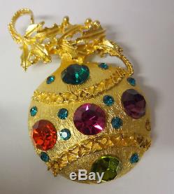 Vintage Retro 50-60s Christmas Tree Ornament Rhinestone Gold Tone Pin Brooch