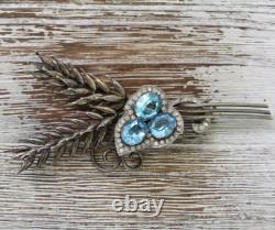 Vintage Retro Big Blue Crystal Rhinestone Floral Sterling Silver 925 Brooch