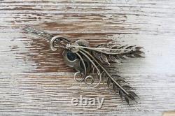 Vintage Retro Big Blue Crystal Rhinestone Floral Sterling Silver 925 Brooch