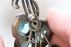 Vintage Retro Big Blue Crystal Rhinestone Floral Sterling Silver 925 Brooch