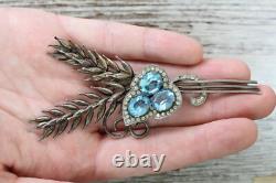 Vintage Retro Big Blue Crystal Rhinestone Floral Sterling Silver 925 Brooch