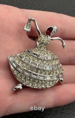 Vintage Rhinestone Ballerina Dancer Lady Brooch Pin Red Crystal Silver Tone