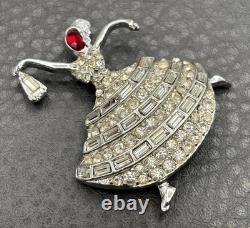 Vintage Rhinestone Ballerina Dancer Lady Brooch Pin Red Crystal Silver Tone