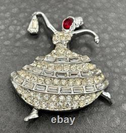 Vintage Rhinestone Ballerina Dancer Lady Brooch Pin Red Crystal Silver Tone