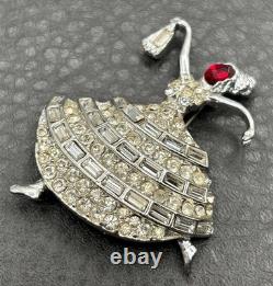 Vintage Rhinestone Ballerina Dancer Lady Brooch Pin Red Crystal Silver Tone