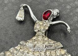 Vintage Rhinestone Ballerina Dancer Lady Brooch Pin Red Crystal Silver Tone