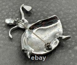 Vintage Rhinestone Ballerina Dancer Lady Brooch Pin Red Crystal Silver Tone