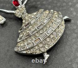 Vintage Rhinestone Ballerina Dancer Lady Brooch Pin Red Crystal Silver Tone