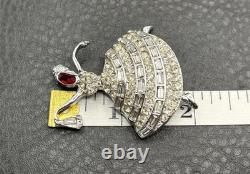 Vintage Rhinestone Ballerina Dancer Lady Brooch Pin Red Crystal Silver Tone