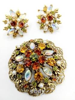 Vintage Rhinestone Brooch & Clip Earrings Autumn Colors AB Accents Gold Tone