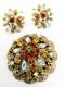 Vintage Rhinestone Brooch & Clip Earrings Autumn Colors AB Accents Gold Tone