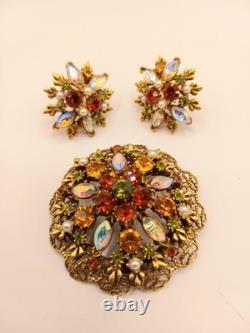 Vintage Rhinestone Brooch & Clip Earrings Autumn Colors AB Accents Gold Tone