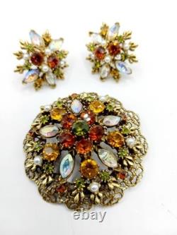 Vintage Rhinestone Brooch & Clip Earrings Autumn Colors AB Accents Gold Tone