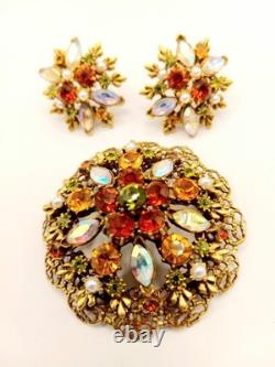 Vintage Rhinestone Brooch & Clip Earrings Autumn Colors AB Accents Gold Tone