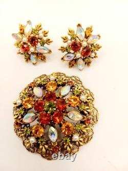 Vintage Rhinestone Brooch & Clip Earrings Autumn Colors AB Accents Gold Tone