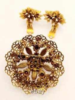 Vintage Rhinestone Brooch & Clip Earrings Autumn Colors AB Accents Gold Tone