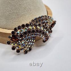 Vintage Rhinestone Brooch & Clip On Earrings Set Aurora Borealis Brown