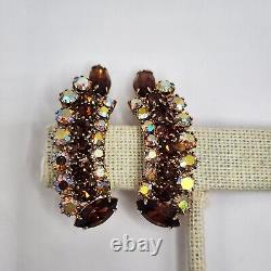 Vintage Rhinestone Brooch & Clip On Earrings Set Aurora Borealis Brown