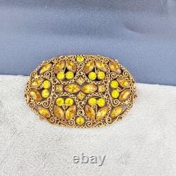 Vintage Rhinestone Brooch Gold Tone Sash Pin Green Orange NICE