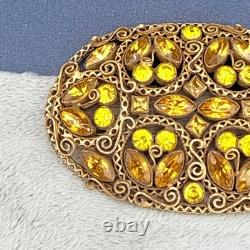 Vintage Rhinestone Brooch Gold Tone Sash Pin Green Orange NICE