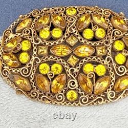 Vintage Rhinestone Brooch Gold Tone Sash Pin Green Orange NICE