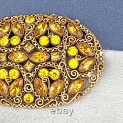 Vintage Rhinestone Brooch Gold Tone Sash Pin Green Orange NICE