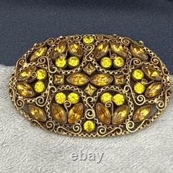Vintage Rhinestone Brooch Gold Tone Sash Pin Green Orange NICE