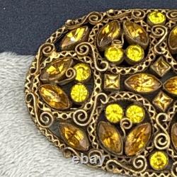 Vintage Rhinestone Brooch Gold Tone Sash Pin Green Orange NICE