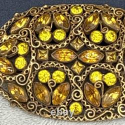 Vintage Rhinestone Brooch Gold Tone Sash Pin Green Orange NICE