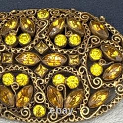 Vintage Rhinestone Brooch Gold Tone Sash Pin Green Orange NICE