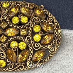 Vintage Rhinestone Brooch Gold Tone Sash Pin Green Orange NICE