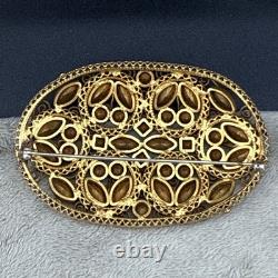 Vintage Rhinestone Brooch Gold Tone Sash Pin Green Orange NICE