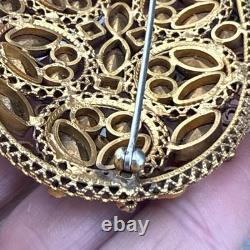 Vintage Rhinestone Brooch Gold Tone Sash Pin Green Orange NICE