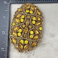 Vintage Rhinestone Brooch Gold Tone Sash Pin Green Orange NICE