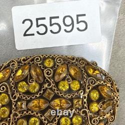 Vintage Rhinestone Brooch Gold Tone Sash Pin Green Orange NICE