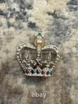 Vintage Rhinestone Brooch Pin Victorian Royal Crown Faux Pearl Gold Tone Estate