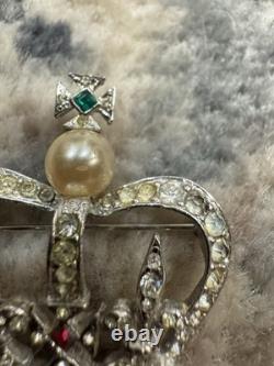 Vintage Rhinestone Brooch Pin Victorian Royal Crown Faux Pearl Gold Tone Estate